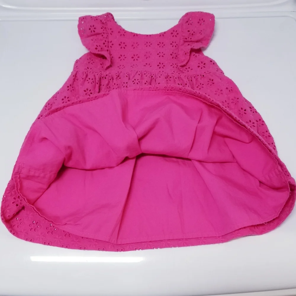 Ralph Lauren Bright Pink Eyelet Sleeveless Cotton Ruffle Accent Dress 12M